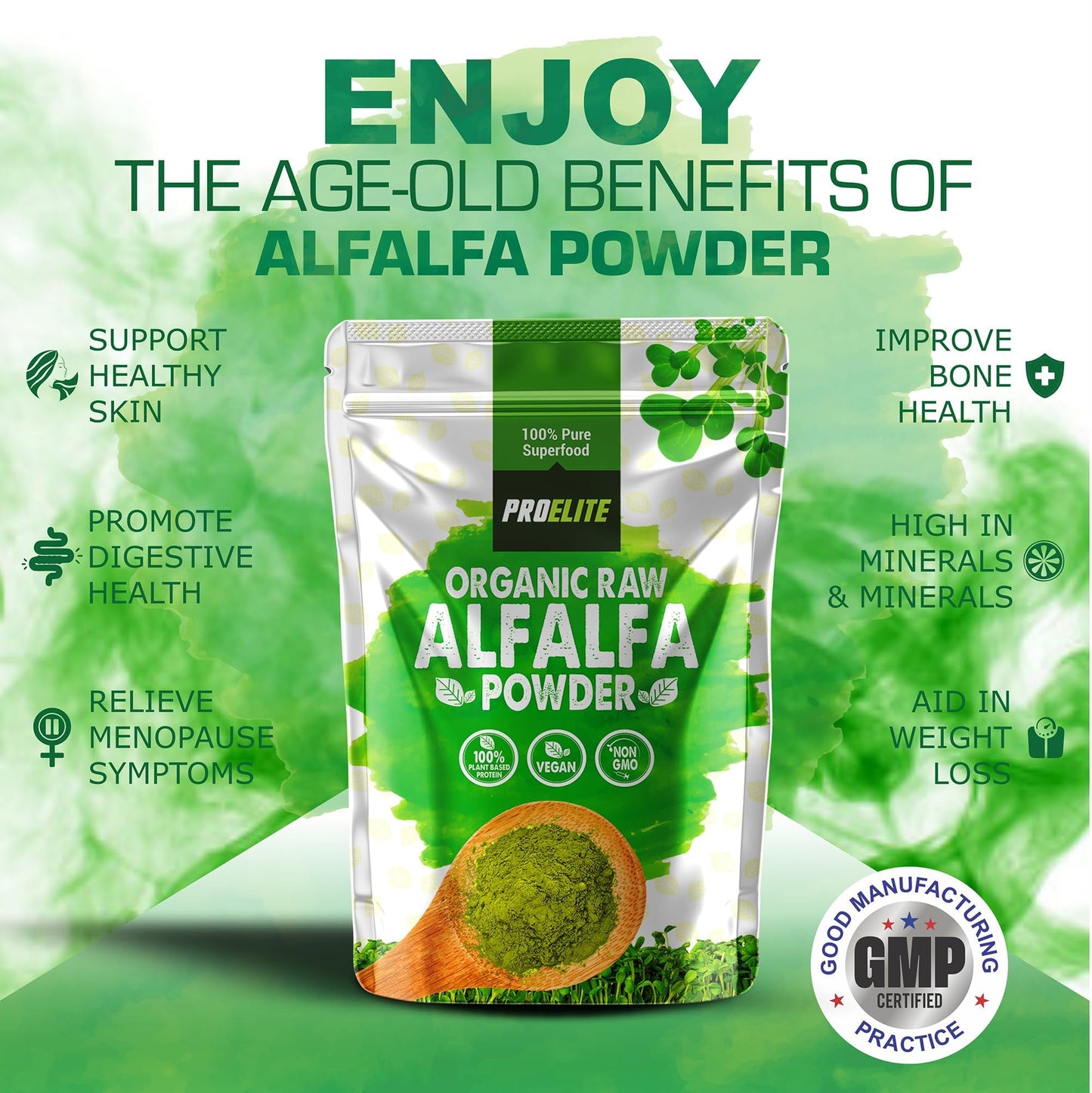 Organic Alfalfa Powder 500g Support Energy and Stress, Vegan Keto Green Superfood Supergreen Raw Natural Alfalfa Powder Juice Shots PROELITE