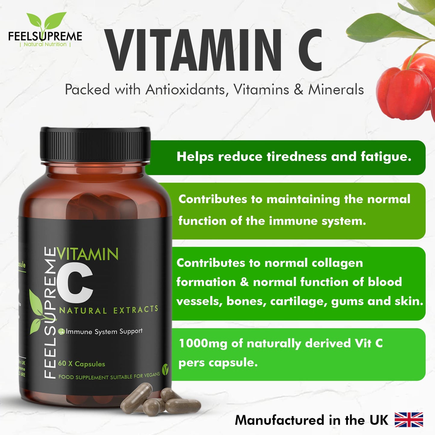 Feel Supreme 100% Natural Vitamin C 60 High Strength Food State Non-Synthetic Capsules Supplement Immune System Support No Nasty Fillers or Binders