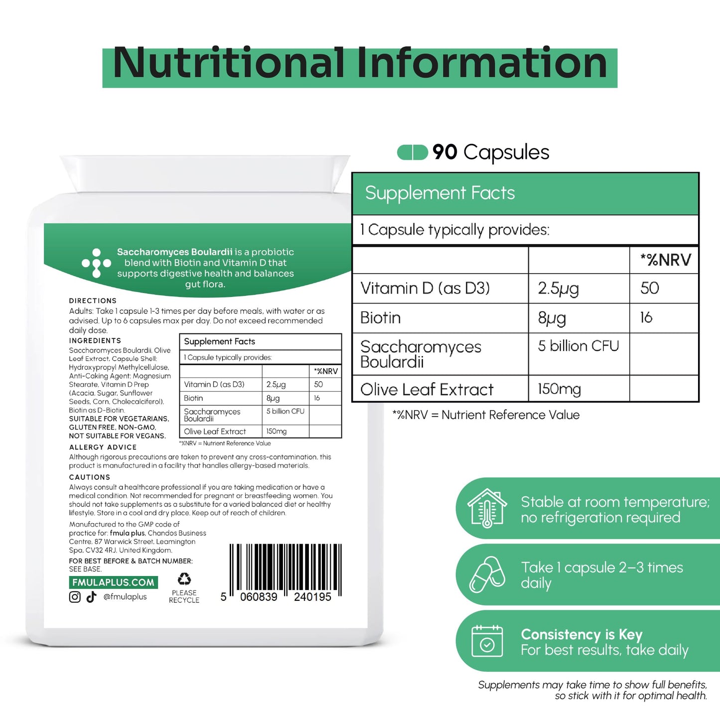 fmula+ Saccharomyces Boulardii Supplement | 5 Billion CFU Yeast Probiotic Capsules with Vitamin D3, Olive Leaf & Biotin for Gut Balance & Immune Support | No Refrigeration Required | UK Made | 90 Capsules