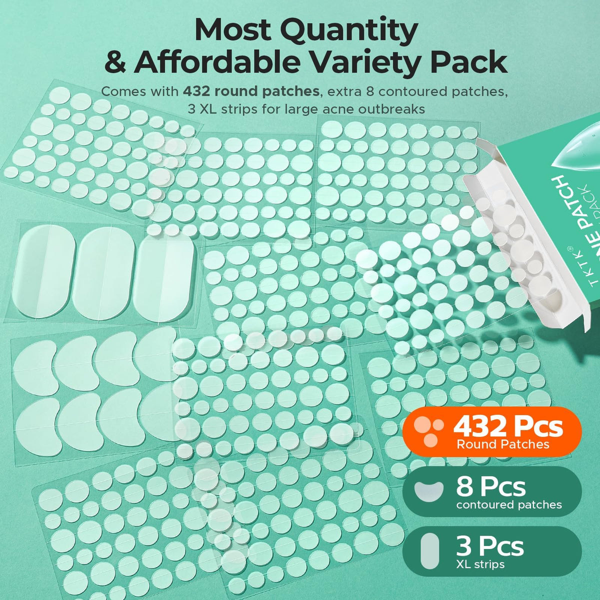 TKTK 443 Count Pimple Patches for Face, Hydrocolloid Spot Stickers, 5 Sizes