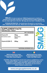 SMUG Supplements Vitamin D3 4000iu & Vitamin K2 200ug (MK-7) - 120 Vegetarian Tablets - Supports Immune System - Promotes Healthy Bones - for Men and Women - Made in Britain