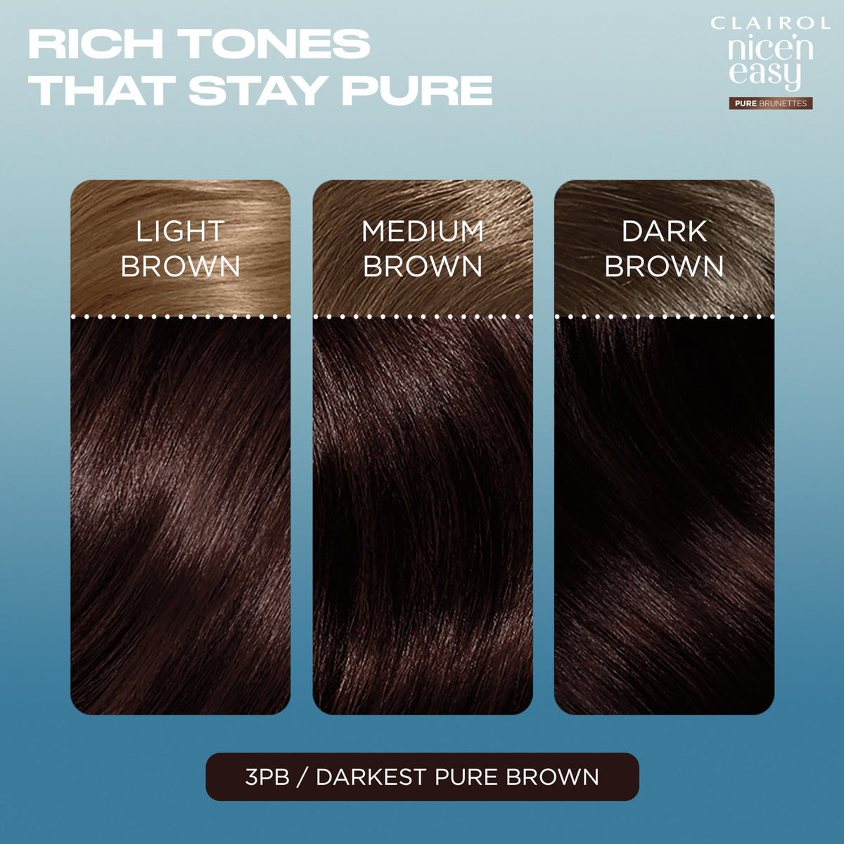 Clairol Nice n’ Easy Pure Brunettes Hair Colour | Pure and Rich Brown Tones | Smooth, Natural Hair Colour | With Pre-Colour Serum | 100% Grey Coverage | 3PB Deepest Espresso Brown | Permanent Hair Dye