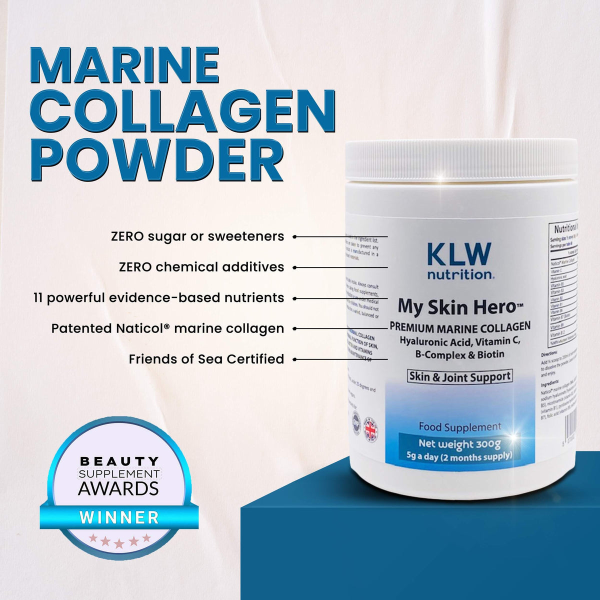 KLW Nutrition Premium Marine Collagen Powder - with Vitamin C, B-Complex, Biotin, Hyaluronic Acid - No fillers, sweeteners or additives - Healthy Skin & Joints - New Improved Formulation - 1-2 Months Supply
