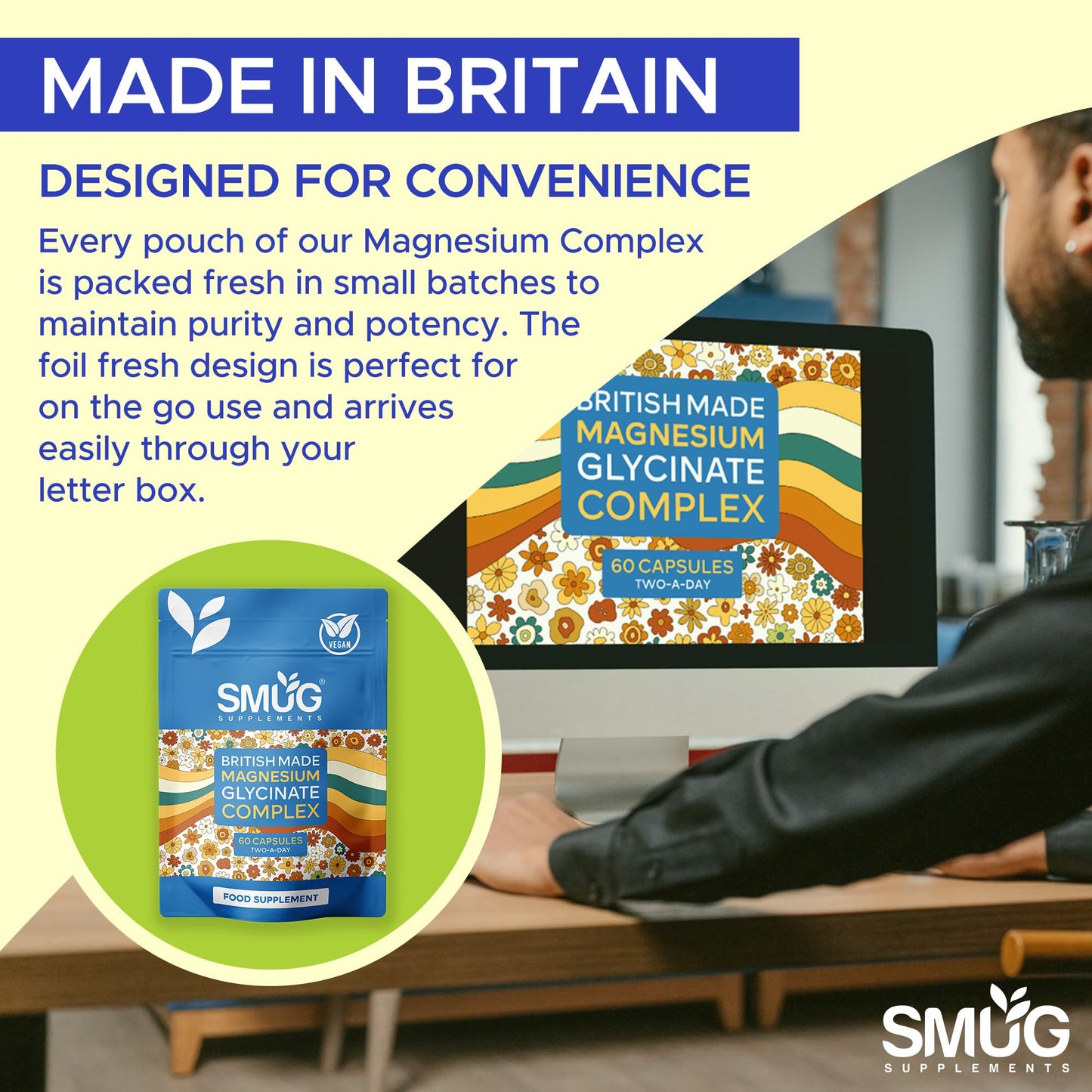 Magnesium Glycinate 5-in-1 Complex – 1850mg Blend – 347.5mg Elemental – 60 Vegan Capsules with Zinc 10mg & Vitamin B6 25mg – Made in Britain – SMUG Supplements
