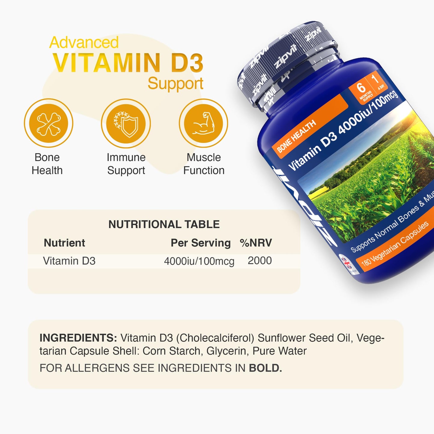 Zipvit Vitamin D3 4000IU Softgels, High Strength Vitamin D Supplement, Immune Support, 6 Months Supply, 180 Vegetarian Easy to Swallow Softgels