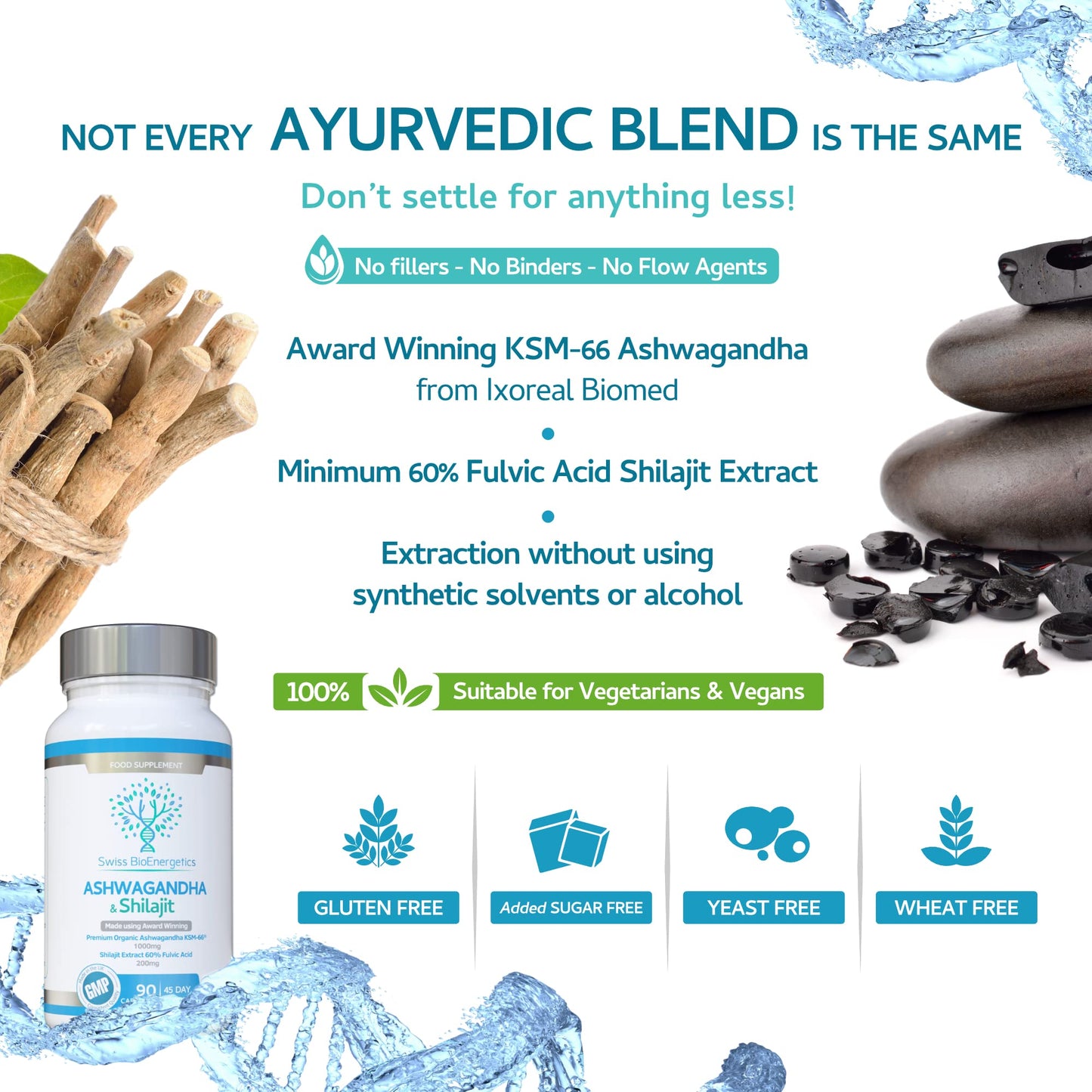 Ashwagandha & Shilajit - Award Winning Ashwagandha KSM-66 1000mg & Purified Shilajit Extract 200mg (60% Fulvic Acid) - No artificial fillers, binders or flow agents - Suitable for Vegans