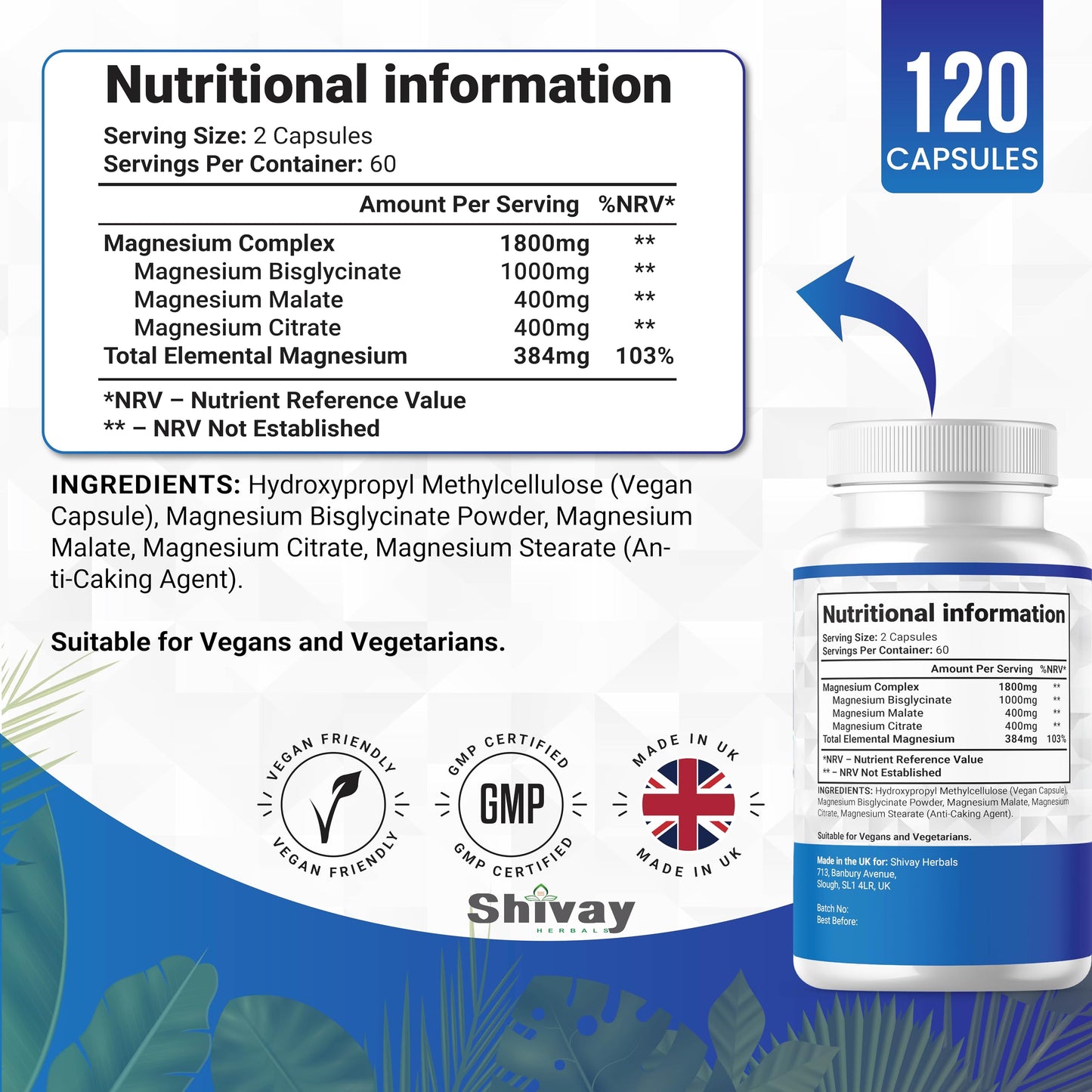 Magnesium Glycinate 3 in 1 Complex | 1800mg Per Serving - 384mg Elemental Magnesium | High Strength Magnesium Bisglycinate, Malate, Citrate | 120 Vegan Capsules | Made in The UK by Shivay Herbals
