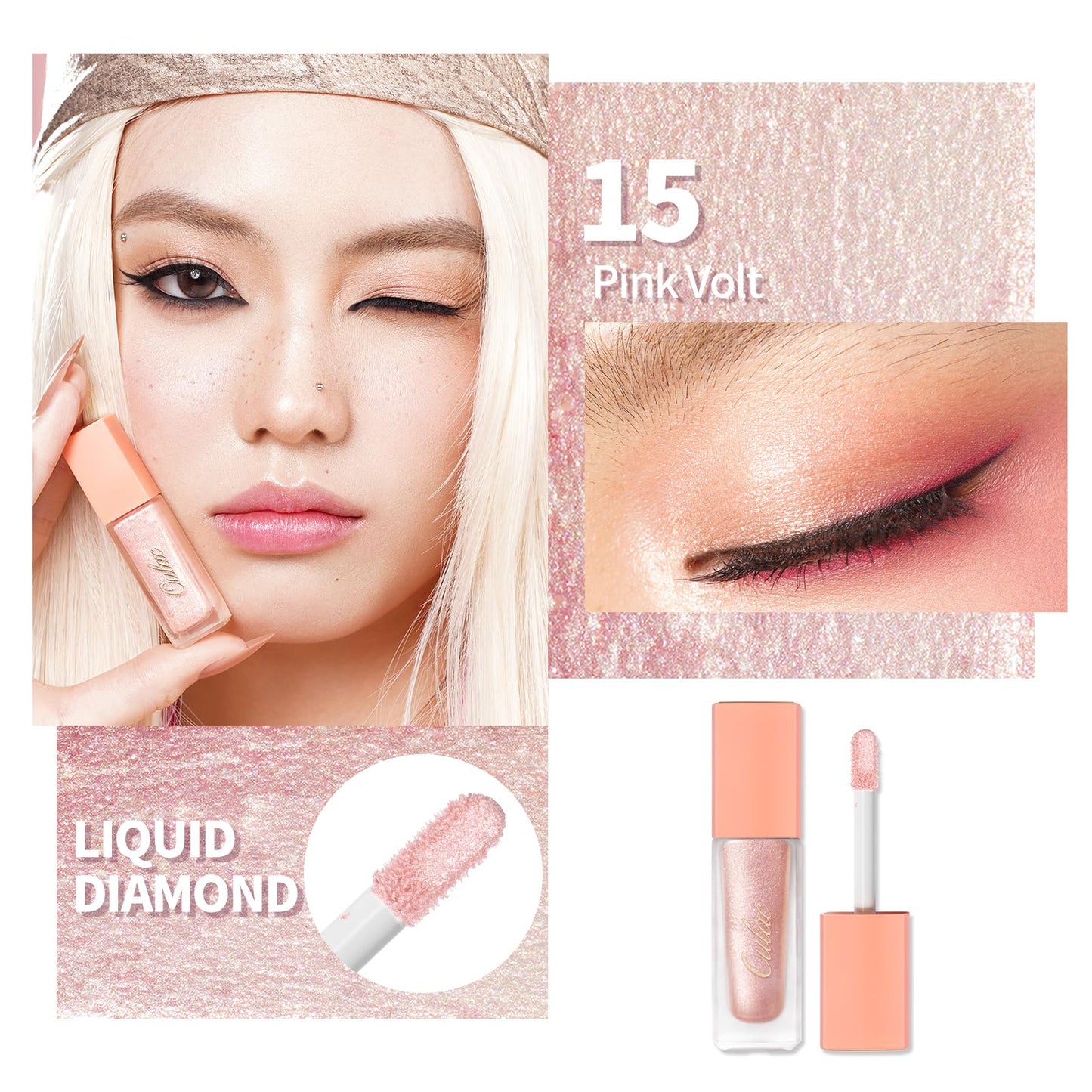 Oulac Liquid Glitter Eyeshadow - Metallic Baby Pink Eyeshadow & Eyeliner, Blendable Sparkly Eye Make-up, Crease Resistant, Non-Greasy, Vegan, 6.8g, Pink Volt (15)