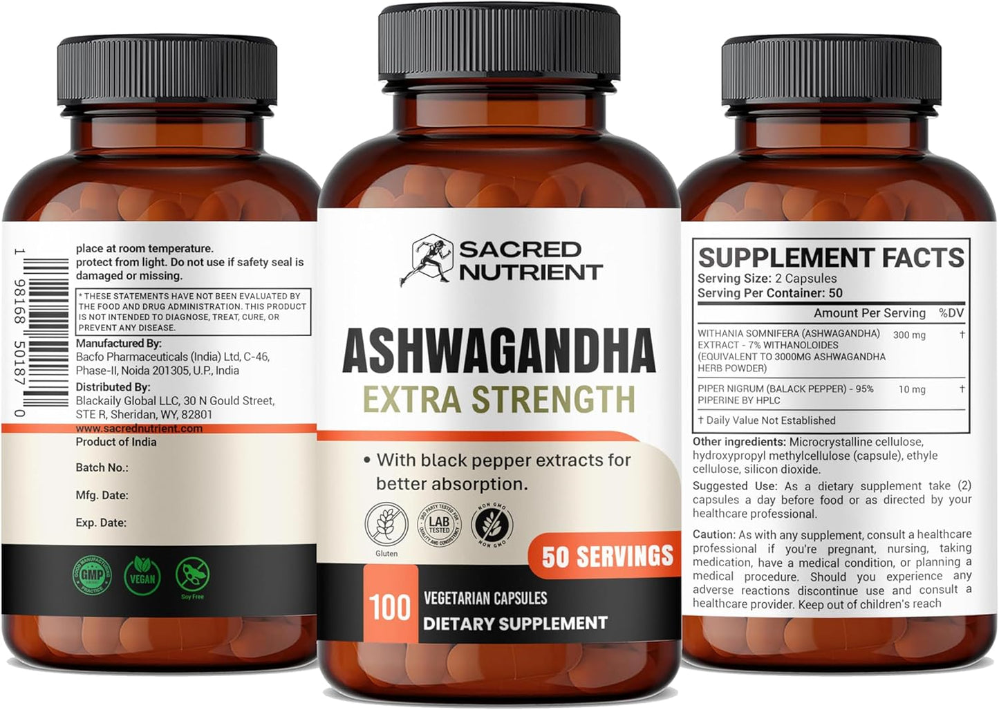 Ashwagandha Organic Extra Strength Supplement with Black Pepper,100 Capsule