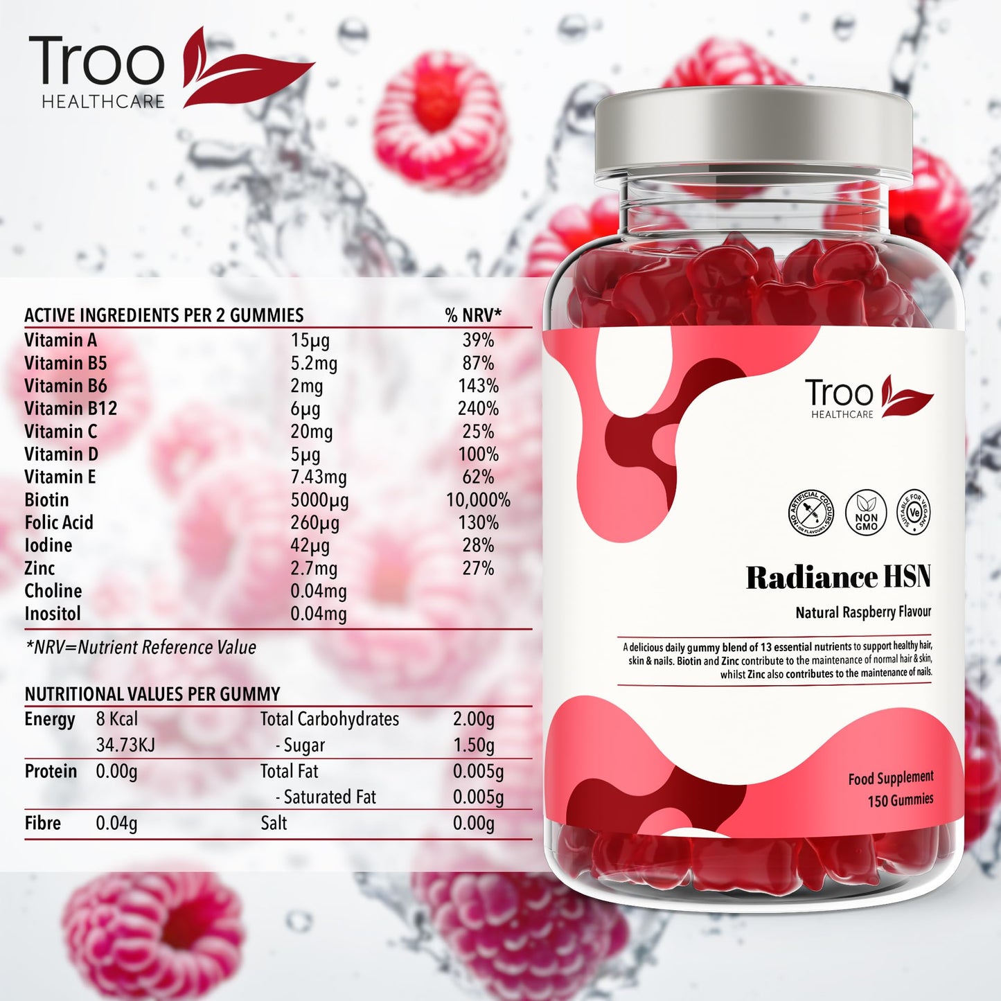 Troo Health Care Radiance HSN 150 Raspberry Flavour Gummies - Advanced Hair Skin & Nails Supplement for Men & Women - 13 Essential Nutrients Inlcuding Biotin