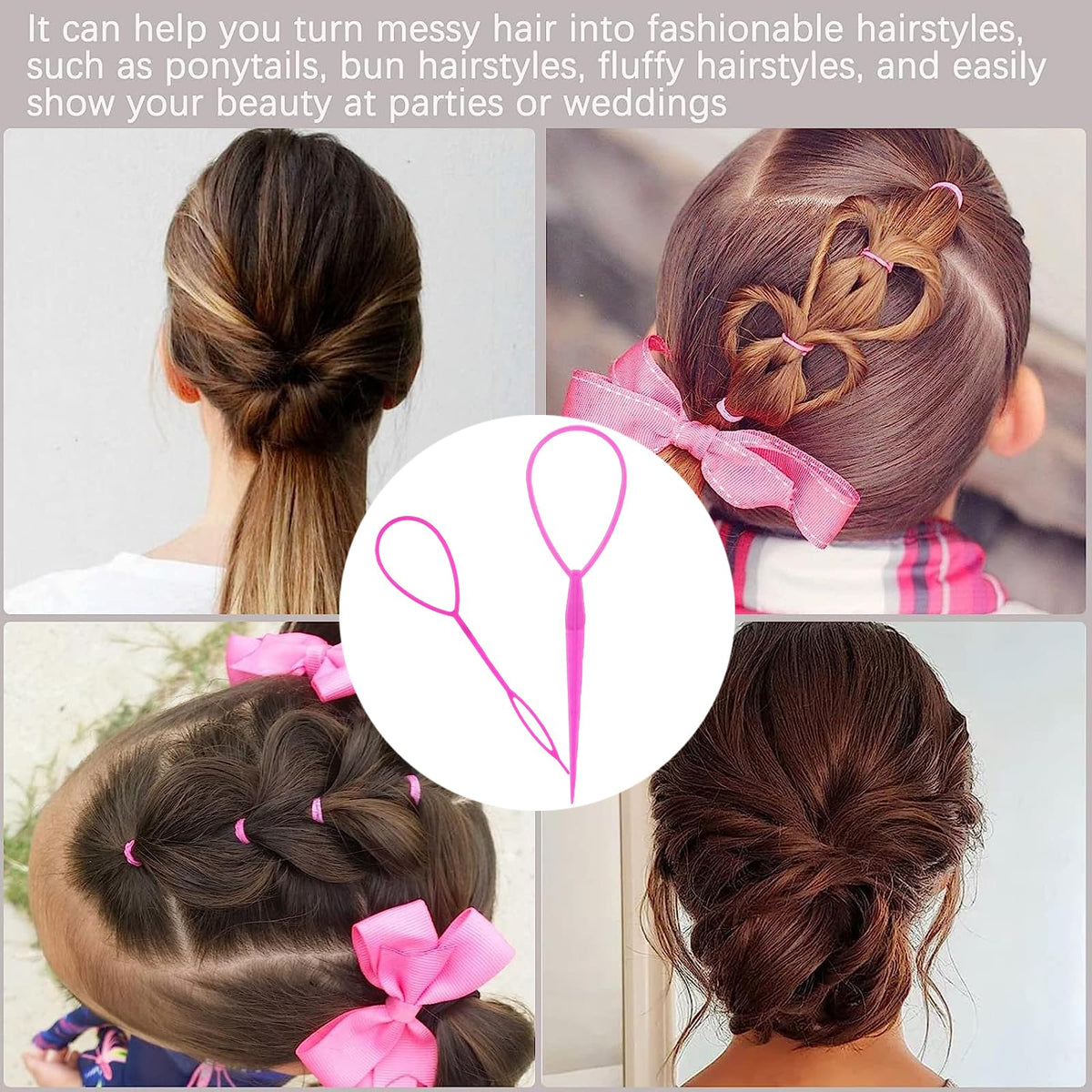 SIYUPU 2pcs Ponytail Pull Through Hair Hoop Tool, Braiding Tool topsy tail hair tool, Hair Pull Through Tool, Pony Tail Hair Tool, Hair Braiding Tools Hair Looping Tool Styling Maker For Women Girls(Pink)