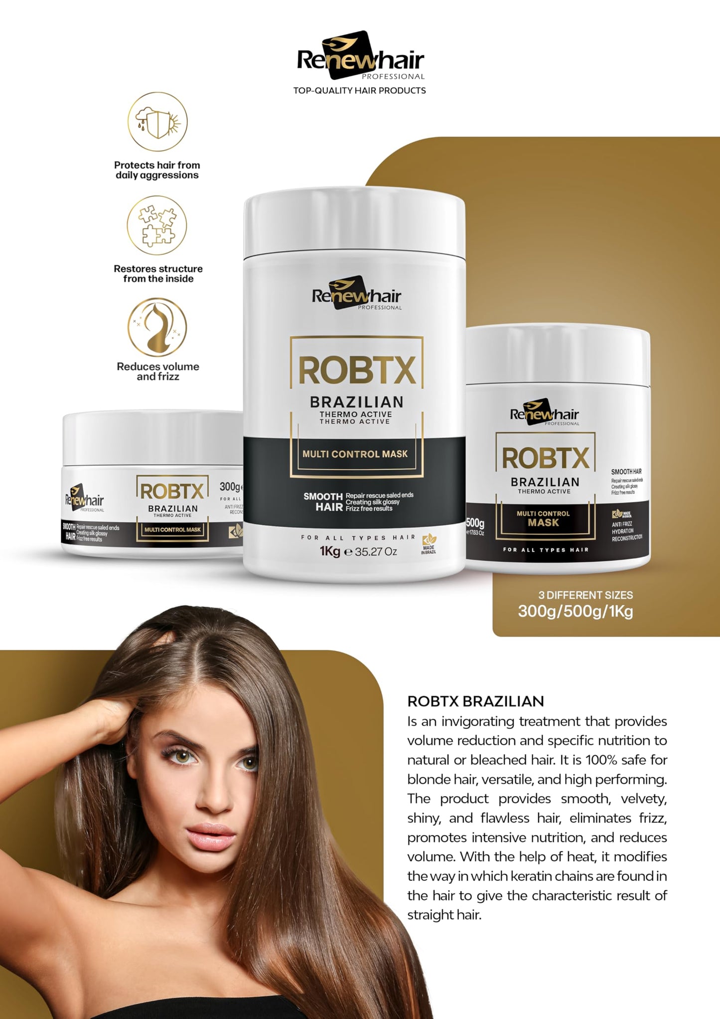 RENEW HAIR PROFESSIONAL Renew hair Professional ROBTX Vegan Brazilian Hair Treatment Mask – Anti-Frizz, Thermo-Active, smart Formula for Volume Control, Shine & Softness – 300g
