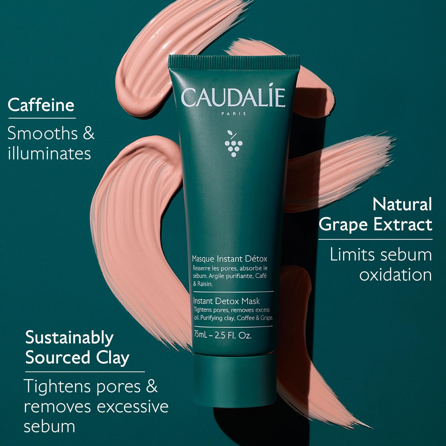 Caudalie Vinoclean Pore Minimising Instant Detox Mask, Pink Clay, 35ml