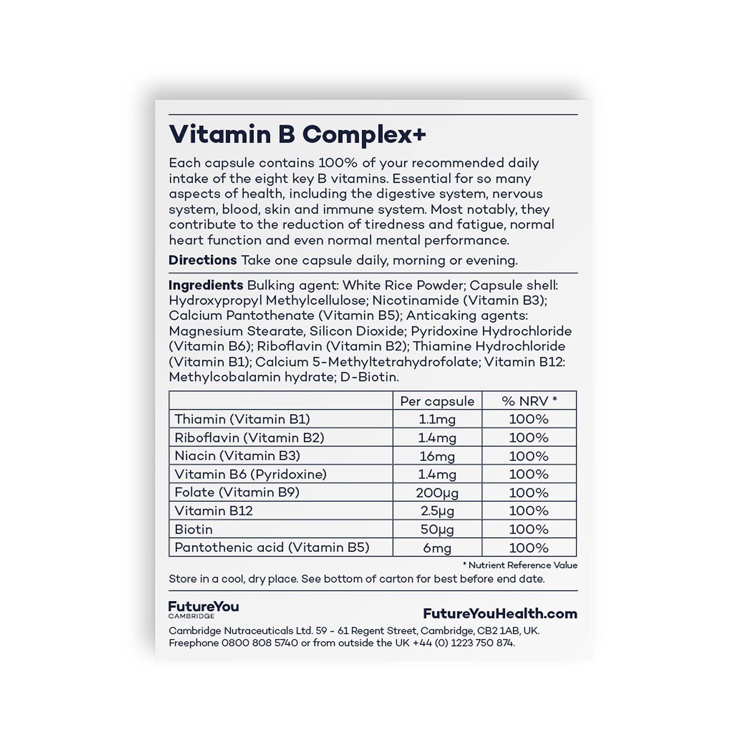 Vitamin B Complex+ Supplements – 8 Key B Vitamins for Optimal Cell Health – Energy Capsules with Biotin and High Strength Vitamin B12 – Vitamins for Tiredness and Fatigue by FutureYou Cambridge