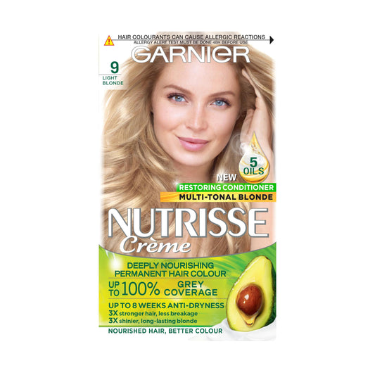 Garnier Nutrisse Permanent Hair Dye, Natural-looking, hair colour result, For All Hair Types, 9 Light Blonde