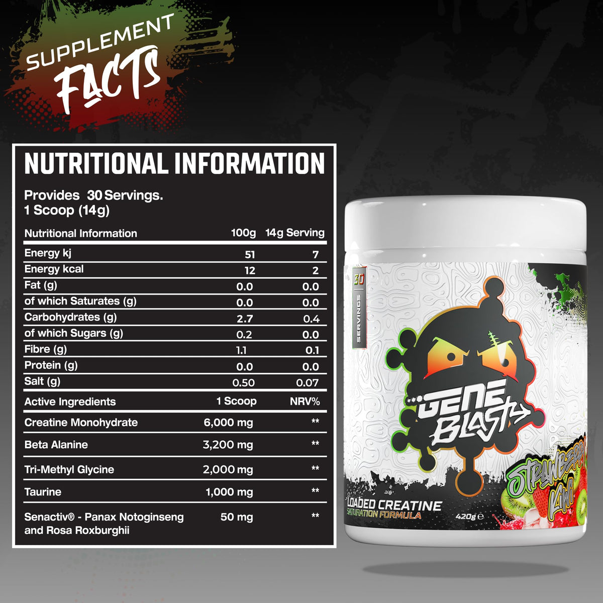 GENE BLAST Gene Blast Loaded Creatine 6g - Power, Endurance & Recovery (Blue Raz, 30 Servings)
