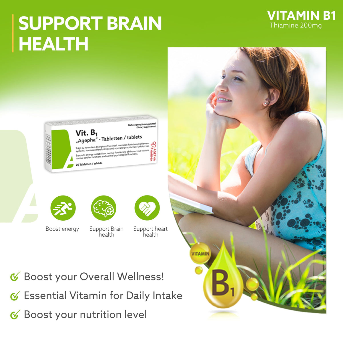 AGEPHA Vitamin B1 Tablets | High Dose Thiamine Tablets | EU Quality | Free of Additives | Relief for Nerve Pain, Nervous Disorders, Memory and Concentration Problems | Supports Energy Metabolism & Immunity