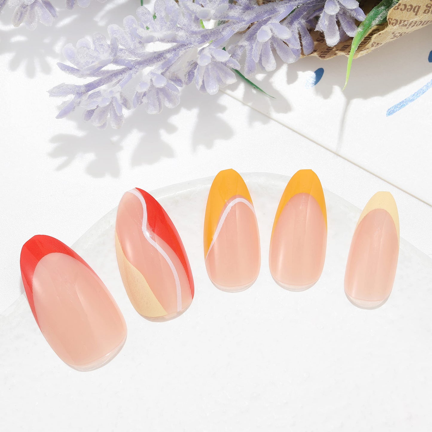 Sethexy Swirl Almond False Nails Orange French Stiletto Stick on Nails Wave Line Fake Nails 24Pcs Acrylic Art Press on Nail Tips for Women and Girls