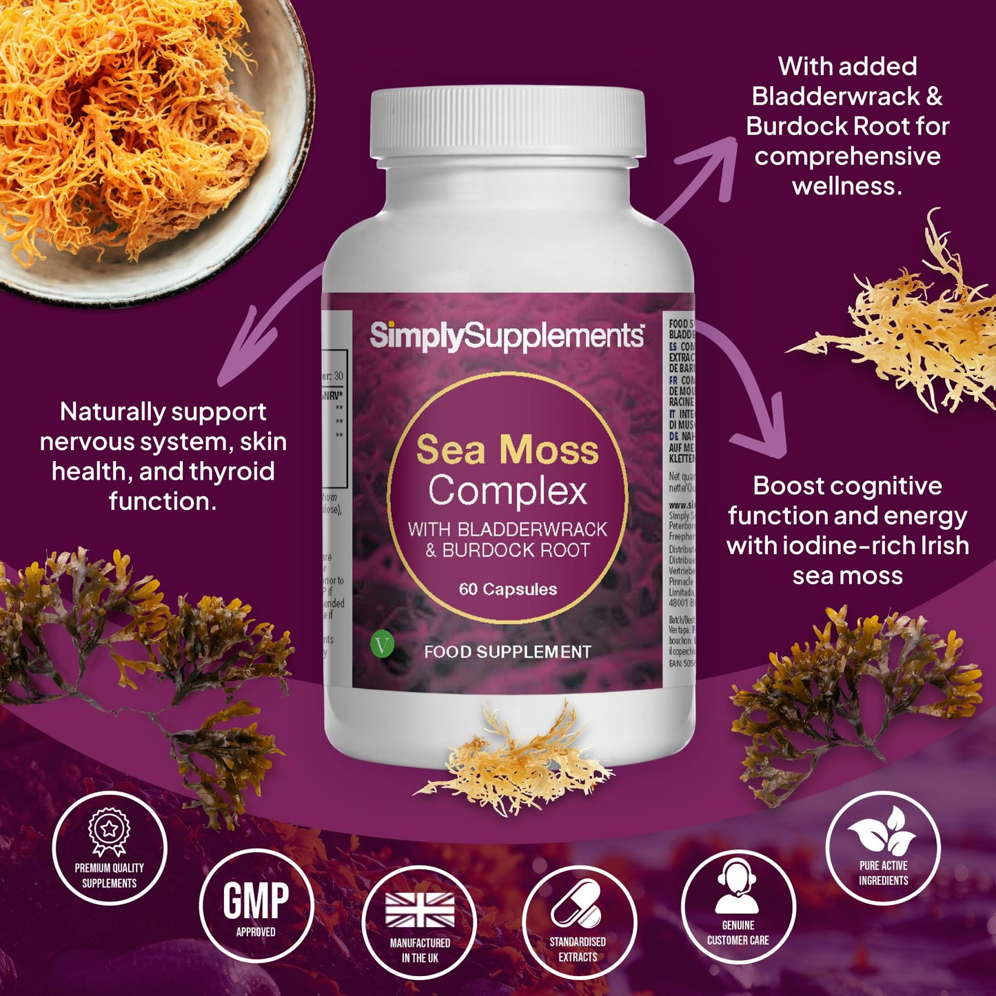 Simply Supplements Sea Moss Capsules | Powerhouse Nutrition from The Ocean | with Added Bladderwrack & Burdock Root | 60 Capsules| Made in The UK