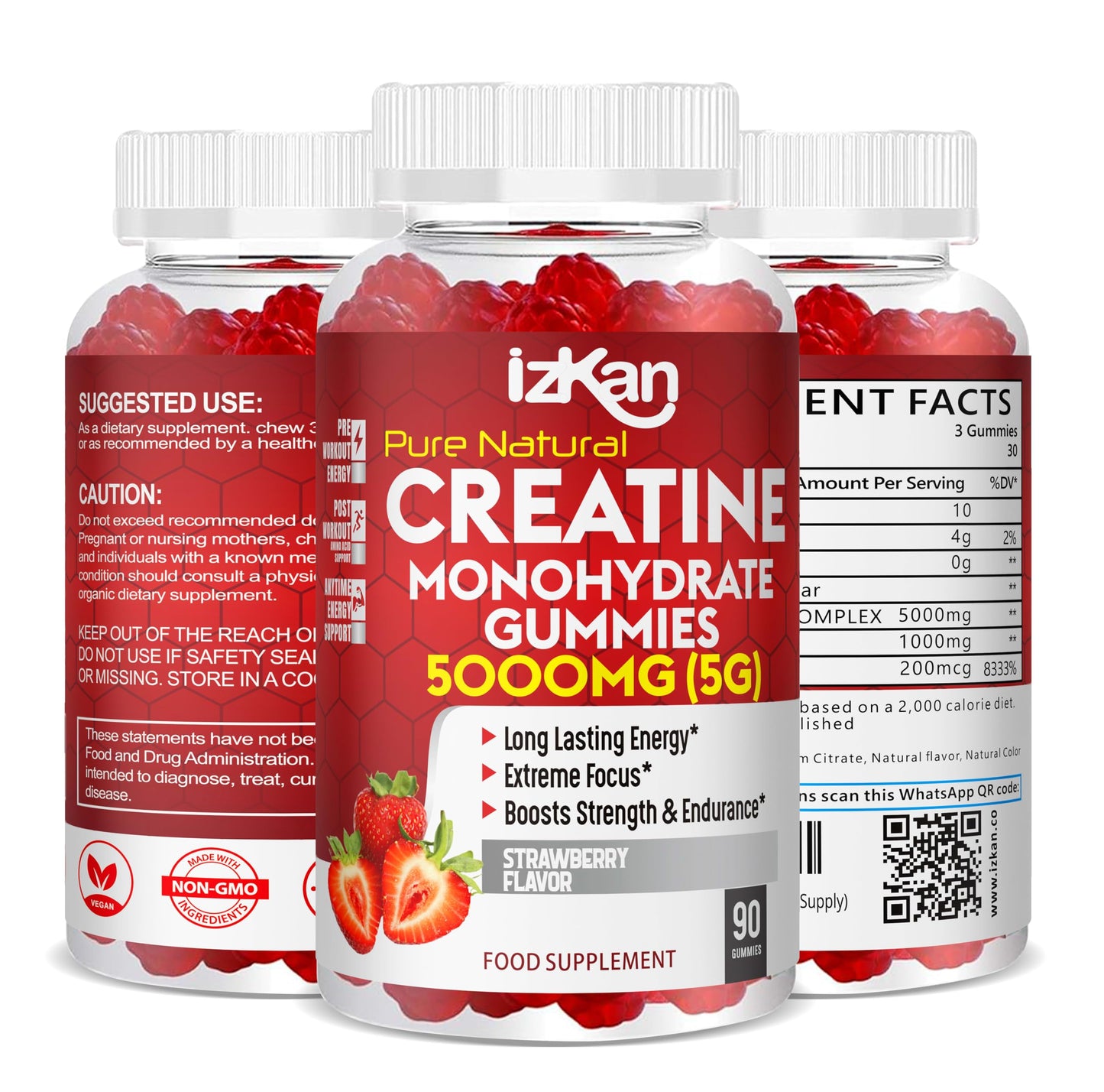 Izkan Creatine Gummies 5000mg (5G) for Men & Women - 90 Chewable Creatine Monohydrate Gummies Strawberry Flavoured | Pre Workout Gym Supplement| Muscle Boost| 3 Per Day - Vegan & Halal (1X)