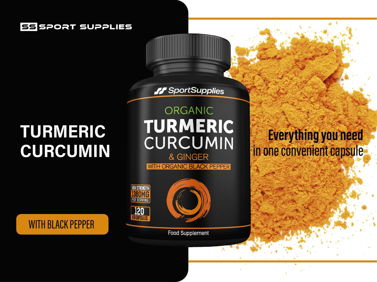 SS Sport Supplies Organic Turmeric Capsules High Strength and Black Pepper with Active Curcumin with Ginger 1380mg - Advanced Tumeric - Each 120 Veg Capsule is Organic (2 Capsules per Serving)