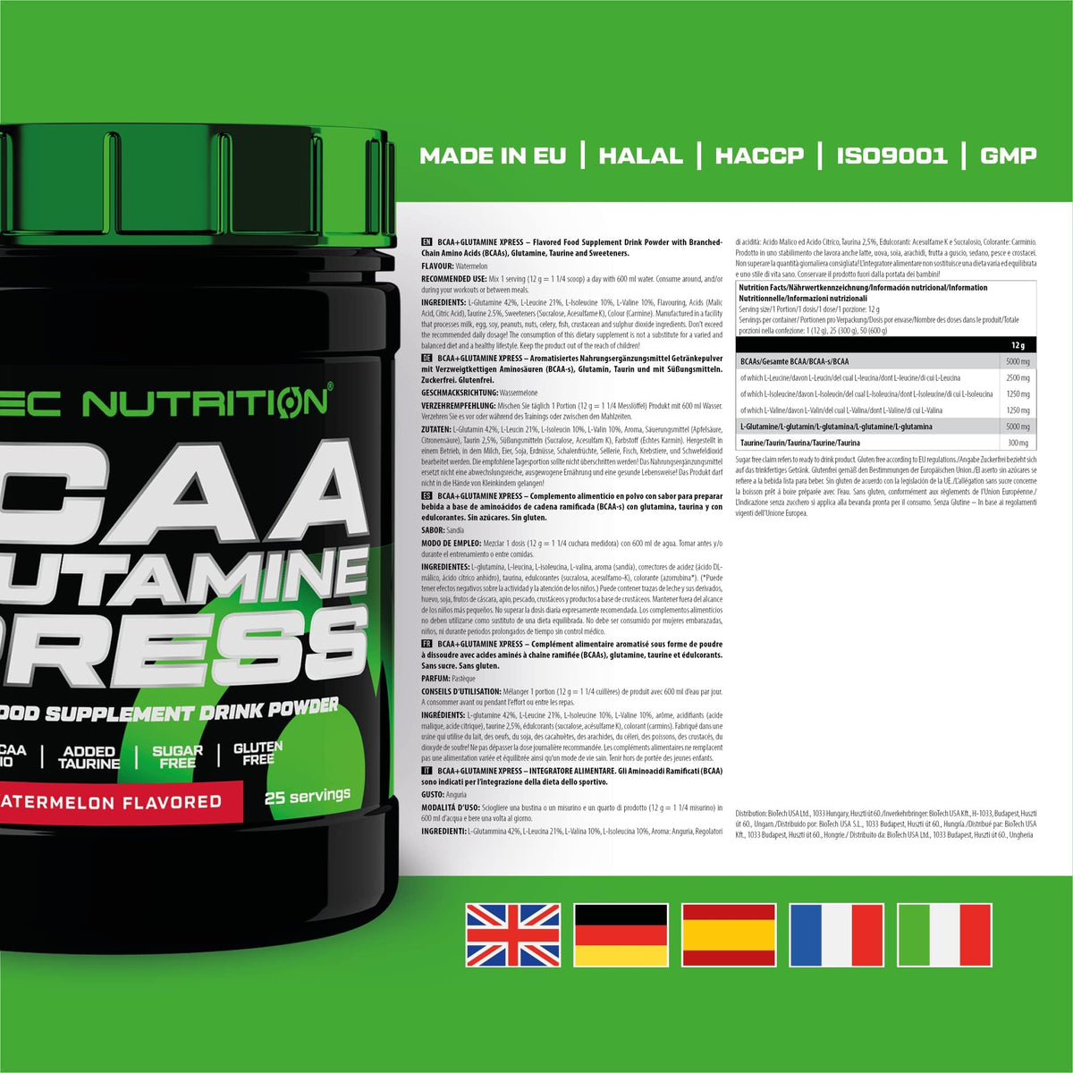 Scitec Nutrition BCAA + Glutamine Xpress – Essential Amino Acid Blend – with 5g 2:1:1 BCAAs – 5g Glutamine – Fortified with Taurine, 300 g, Watermelon