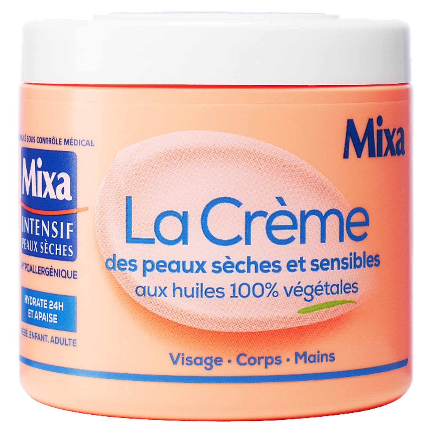 Mixa Intensif - Crème Visage, Corps, Mains - Pour Peaux Sèches & Sensibles - Huiles 100% Végétales - 400 ml