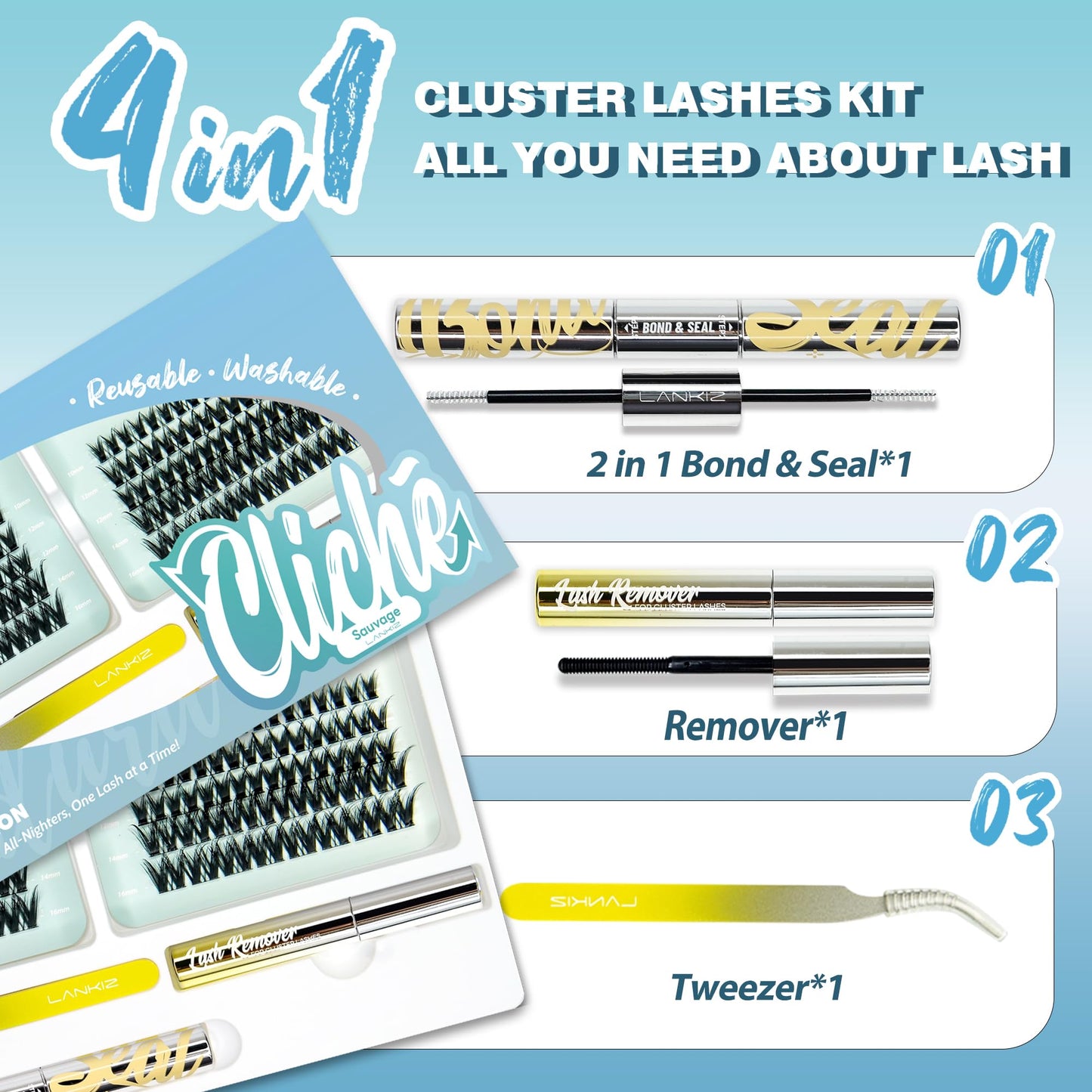 Cluster Lashes Kit - 10-16mm C Curl 120PCS Reusable Individual Eyelashes Kit with Lash Bond Seal Remover Tweezers - LANKIZ Fluffy Wispy Eyelash Clusters Long-Lasting All Day