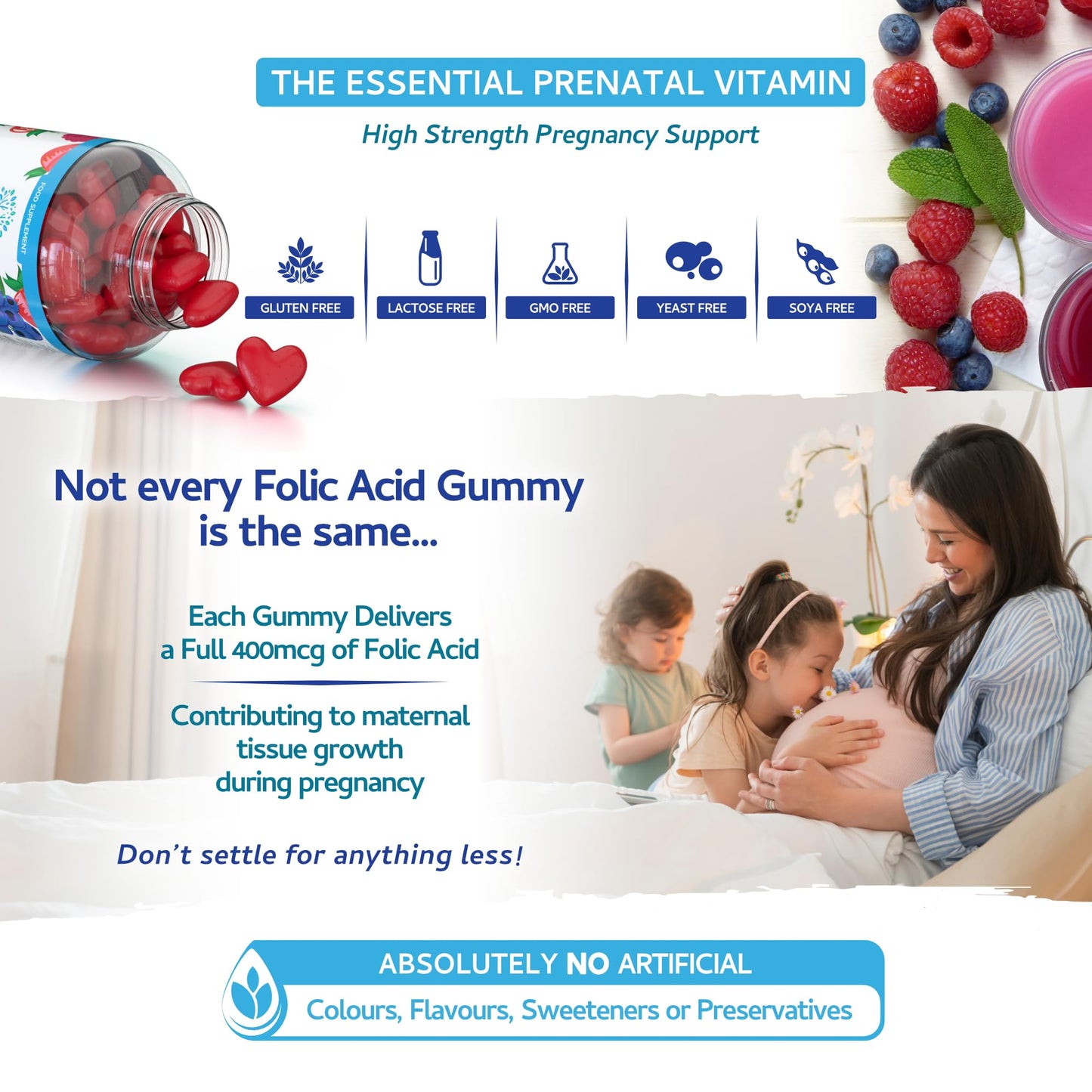 Folic Acid Gummies - 400μg, 60 Natural Berry Flavoured & Vegan Gummies - High Strength Vitamin B9 Folic Acid Pregnancy Support Prenatal Vitamin - No Artificial Sweeteners or Flavours – UK Made