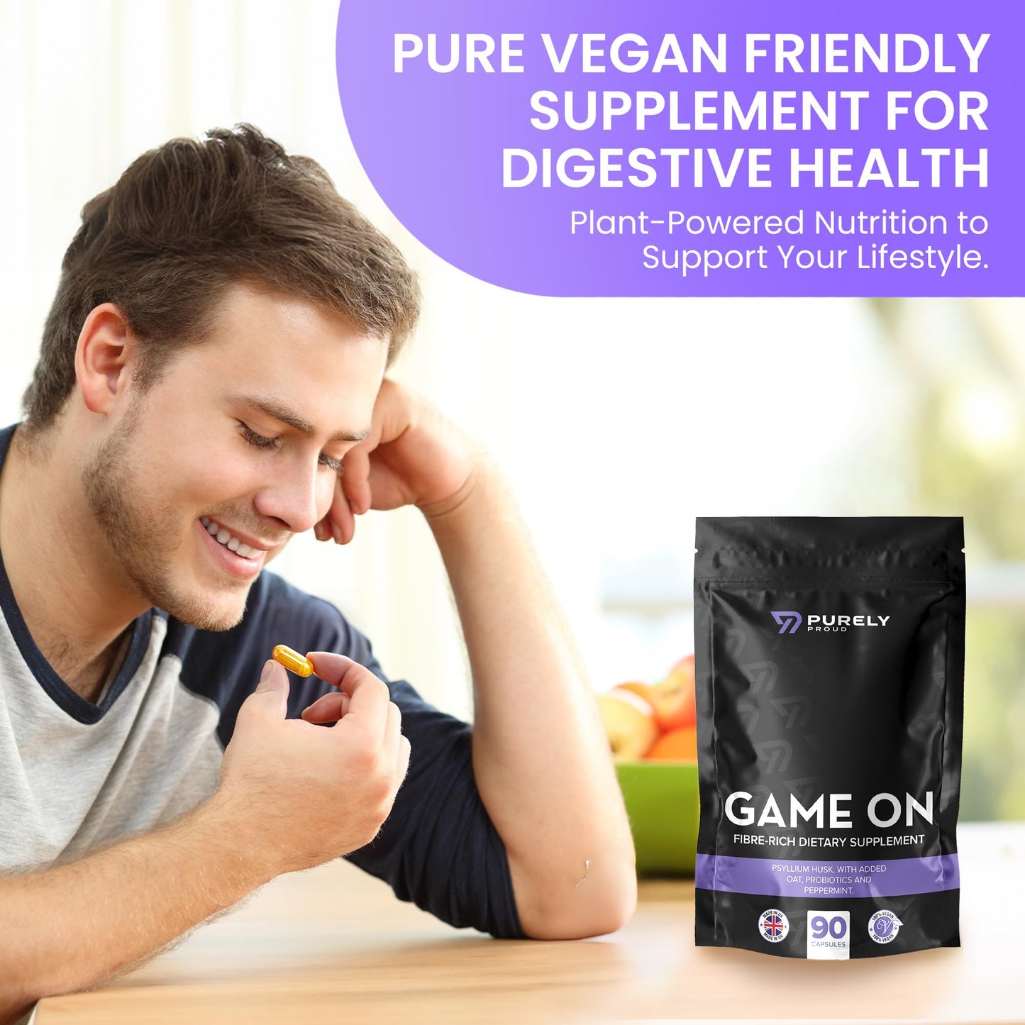 Purely Proud Game ON – Fibre Rich Supplement for Bottoms | Stay Ready with Psyllium Husk, Probiotics, Peppermint | Supports Digestion, Gut Health & Clean Confidence | Vegan | 90 Capsules | Made in UK