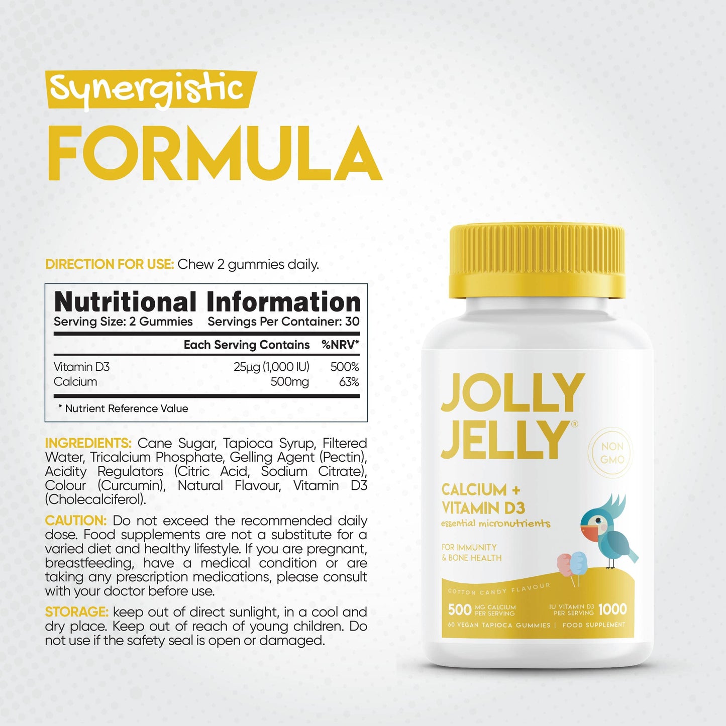 Calcium and Vitamin D3 Tapioca Gummies | 1000IU Vitamin D3 + 500mg Calcium | Immunity & Bone Health | Cotton Candy Flavour | Kosher, Halal, Non GMO | 60 Vegan Gummies.