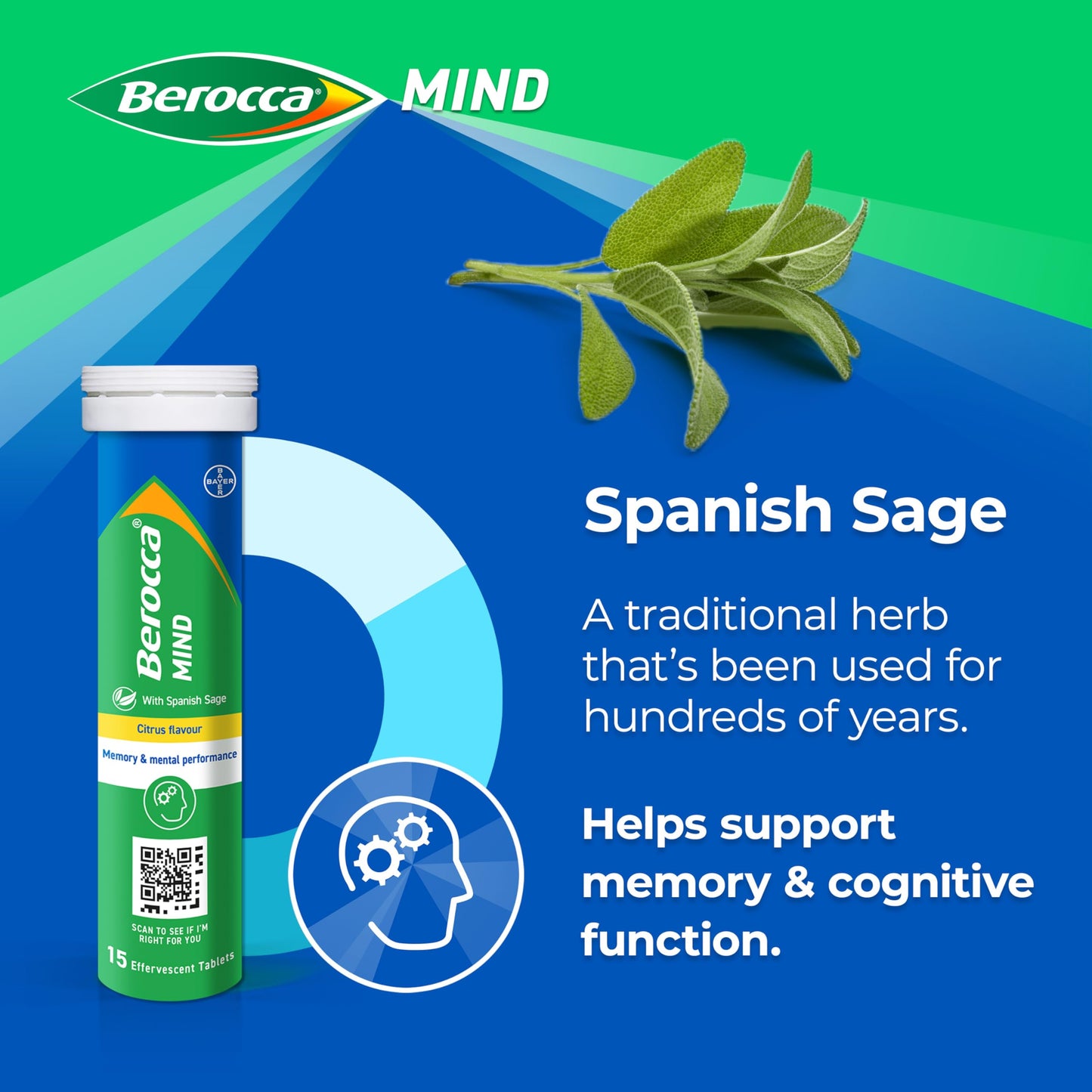 Berocca Mind Effervescent Tablets Including B Vitamins, with Spanish Sage to Support Memory and Mental Performance - 15 Tablets – Citrus Flavour