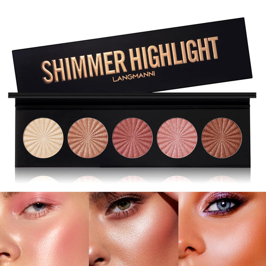 LANGMANNI Highlighter Powder Palette, Makeup Facial Bronzers Illuminator Palette Highlighter Baked Waterproof Long Lasting Brilliant Lighten Skin Color