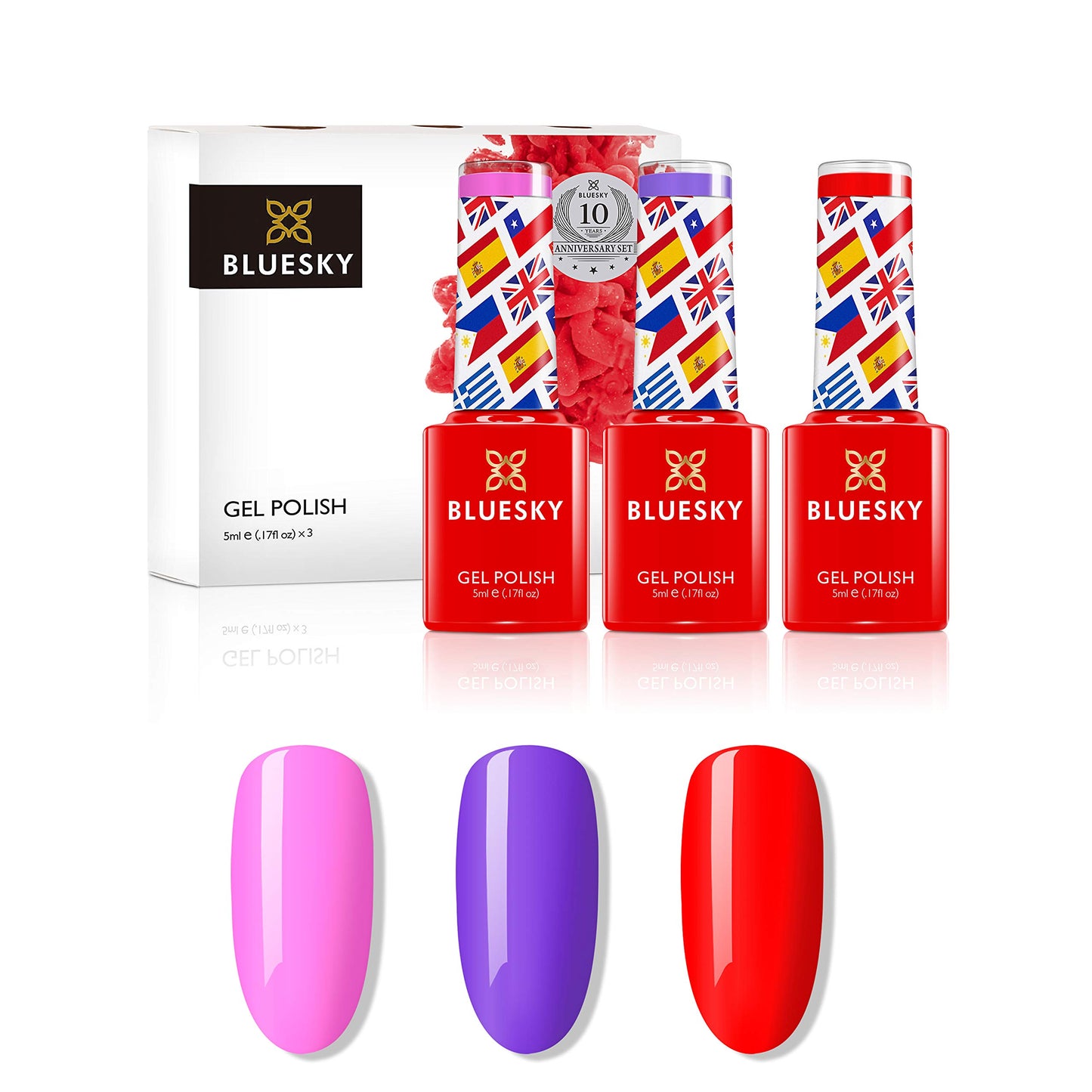 BLUESKY Bluesky Gel Nail Polish Set, 10 Year Anniversary - Full Collection. 9 x 5ml. Pink, Purple, Red, Mauve, Nude, Pastel, Fine Glitter (Requires curing under UV/LED Lamp)