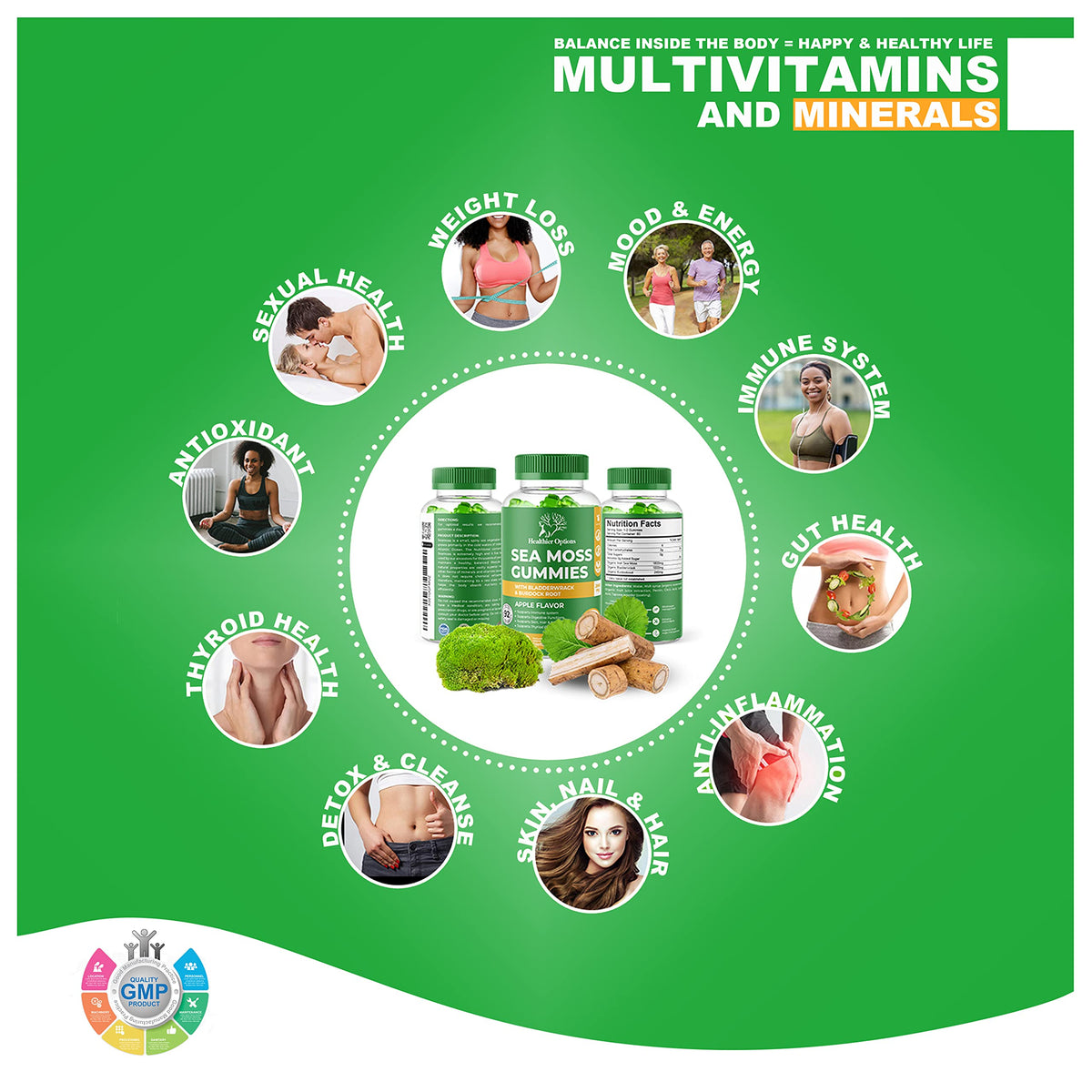 Healthier Options Irish Sea Moss Gummies with Bladderwrack & Burdock Root 5680 Mg | 60 Gummies | Apple Flavour | Vitamins & Minerals | Organic, Natural, Vegan, Gluten Free, Non GMO, High Strength