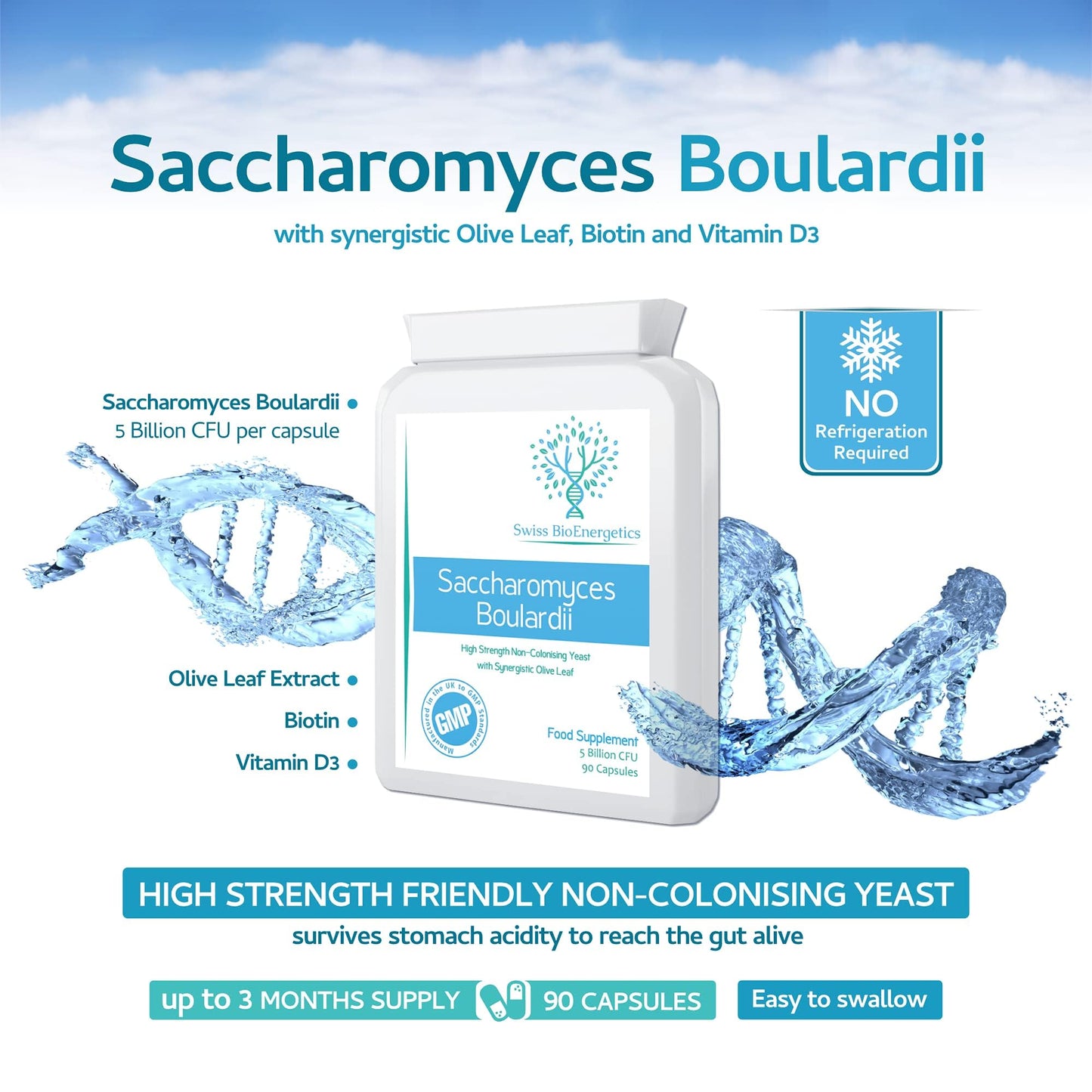 swiss bioenergetics Saccharomyces Boulardii 5 Billion CFU 90 Capsules - No Refrigeration Required - High Strength Non-Colonising Yeast with synergistic Olive Leaf, Biotin and Vitamin D3