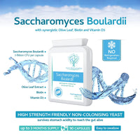 swiss bioenergetics Saccharomyces Boulardii 5 Billion CFU 90 Capsules - No Refrigeration Required - High Strength Non-Colonising Yeast with synergistic Olive Leaf, Biotin and Vitamin D3
