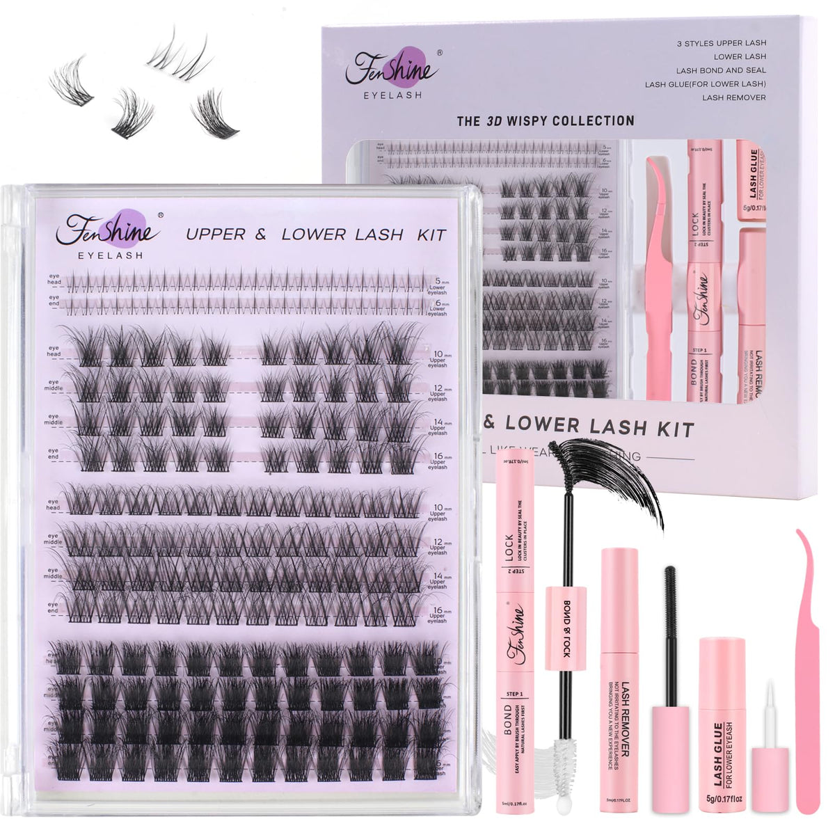 fenshine beauty Fenshine Cluster Lashes Individual Lashes Kit 3D WISPY LASH KIT 10-16mm Length DIY Eyelash Extension Individual Soft False Lashes for Personal Use at Home (4 in 1 3D WISPY LASH KIT, MIX 10-16mm)