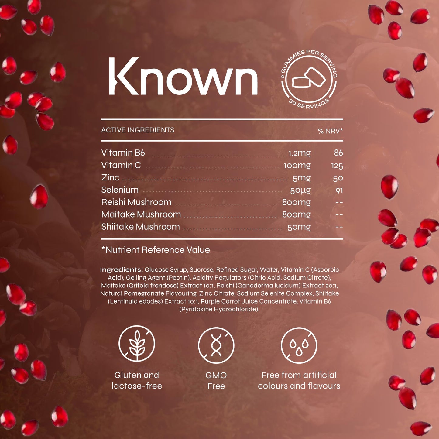 Known Tasty Immunity Mushrooms Gummies - Reishi, Maitake, Vitamin C, Zinc & Selenium - Natural Pomegranate Flavour - 60 Vegan Gummies, 1 Month Supply