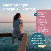 Healthspan Super Strength Omega 3 1,200mg (60 Capsules) | Brain, Heart & Eye Health | 240mg DHA & 360mg EPA per Capsule| Highly Purified to Remove Toxins | Sustainably Sourced Fish Oil
