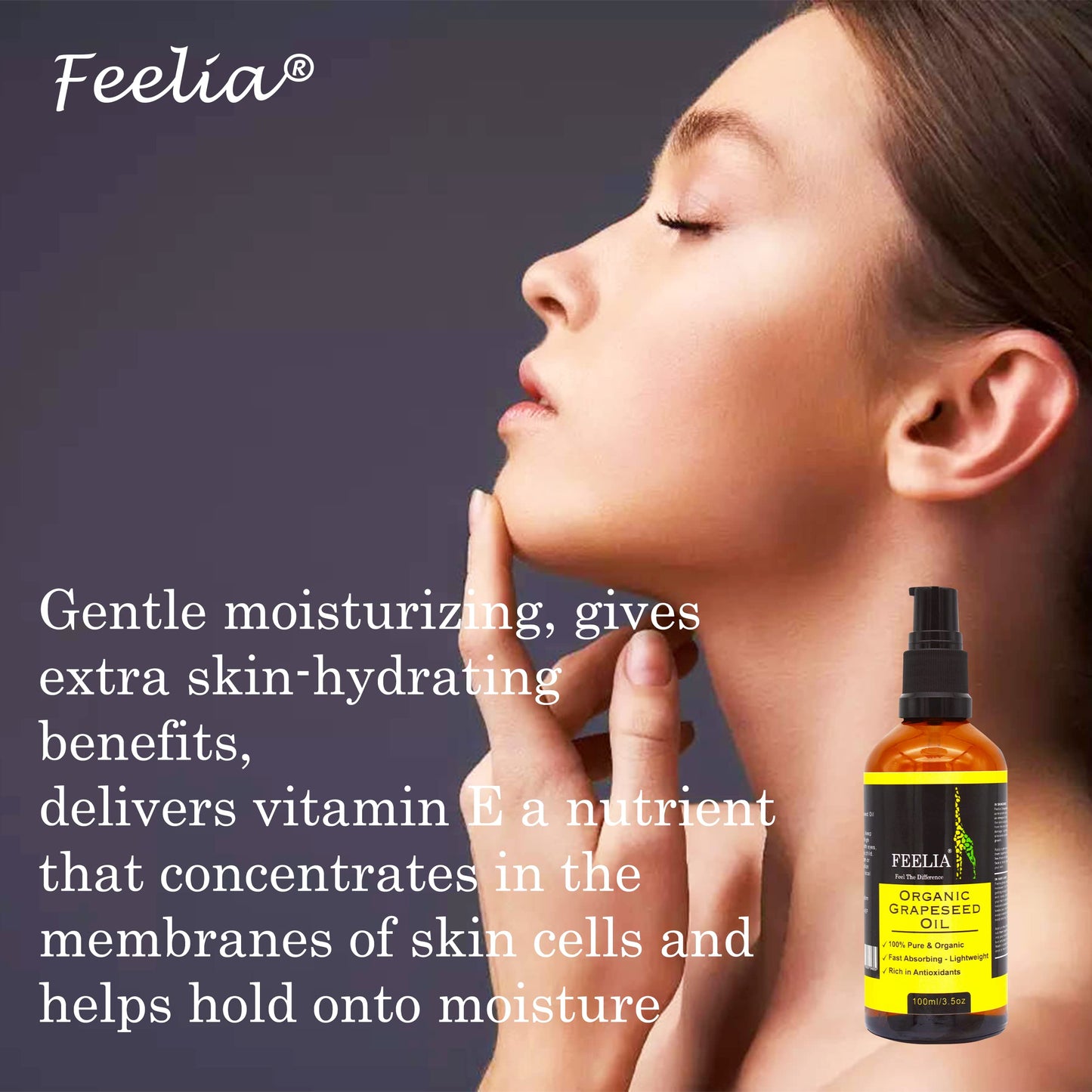 Feelia - Organic Grapeseed Oil - Cold Pressed, Rich in Antioxidants, Fast Absorbing - Lightweight, 100% Pure & Organic