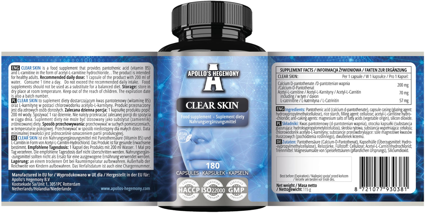 Clear Skin - Vitamin B5 200mg (Pantothenic Acid) and Acetyl-L-Carnitine 70mg, 180 Vegan Capsules, 6 Months Supply, Anti-Acne, Enhanced Skin Health, Diet Supplement - by Apollo's Hegemony