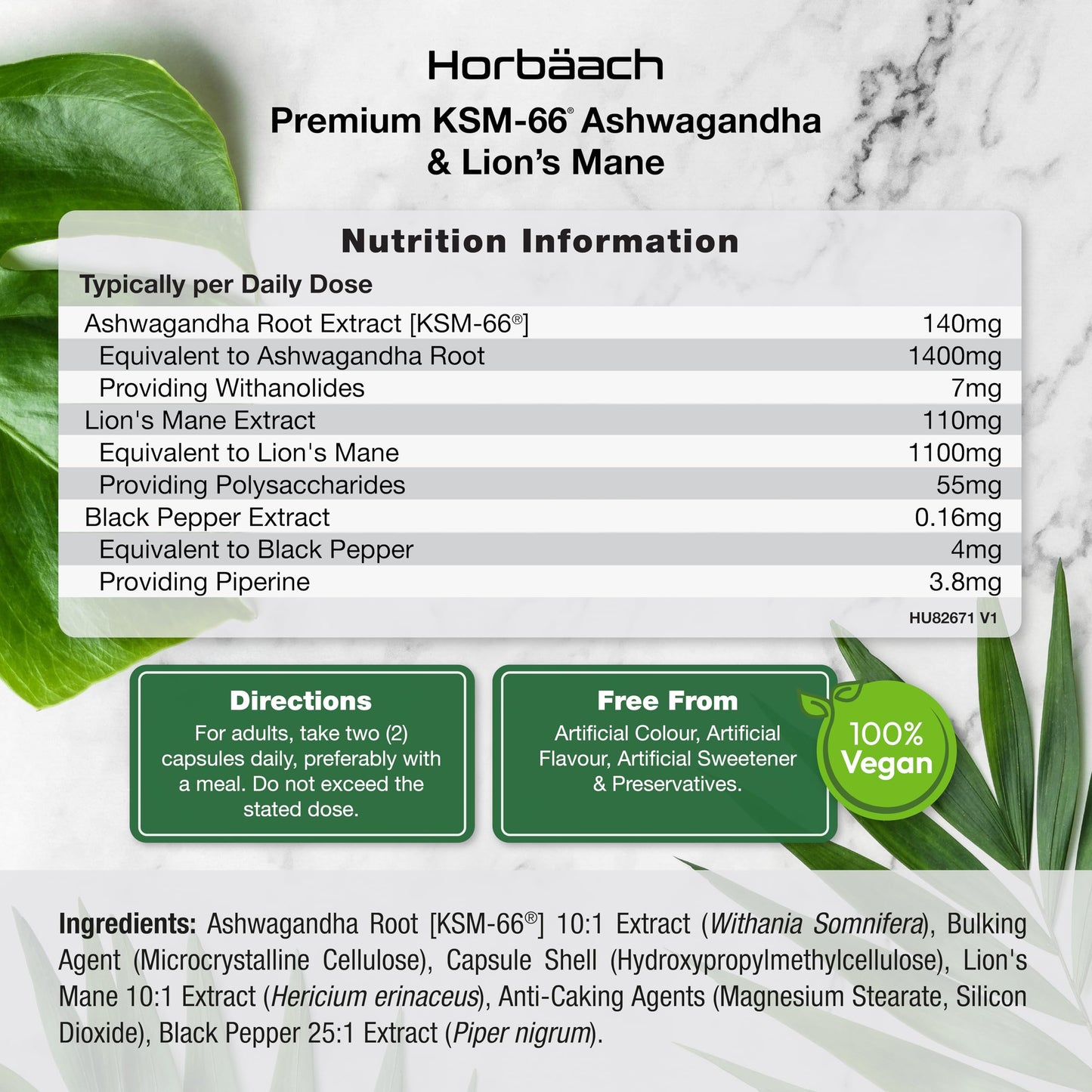 Horbäach Ashwagandha KSM-66 and Lion's Mane 2500mg Capsules | KSM-66 Ashwagandha Root Extract & Lion's Mane Mushroom Extract, Enhanced with Black Pepper | 120 Vegan Capsules | by Horbaach