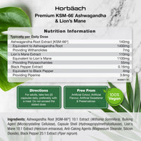 Horbäach Ashwagandha KSM-66 and Lion's Mane 2500mg Capsules | KSM-66 Ashwagandha Root Extract & Lion's Mane Mushroom Extract, Enhanced with Black Pepper | 120 Vegan Capsules | by Horbaach