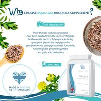 Xspan Labs Rhodiola 500mg (standardized to 3% Rosavins and 1% Salidrosides) Whole Root Equivalent - 60 Capsules - Suitable for Vegetarian and Vegan Diets