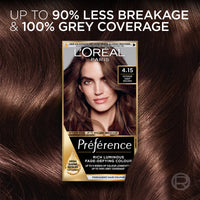 L'Oreal Paris Preference Hair Dye, Luminous Permanent Rich Hair Colour, Long Lasting Brilliance, Achieve Radiant, Salon-Inspired Results, Shade: 4.15, Caracas