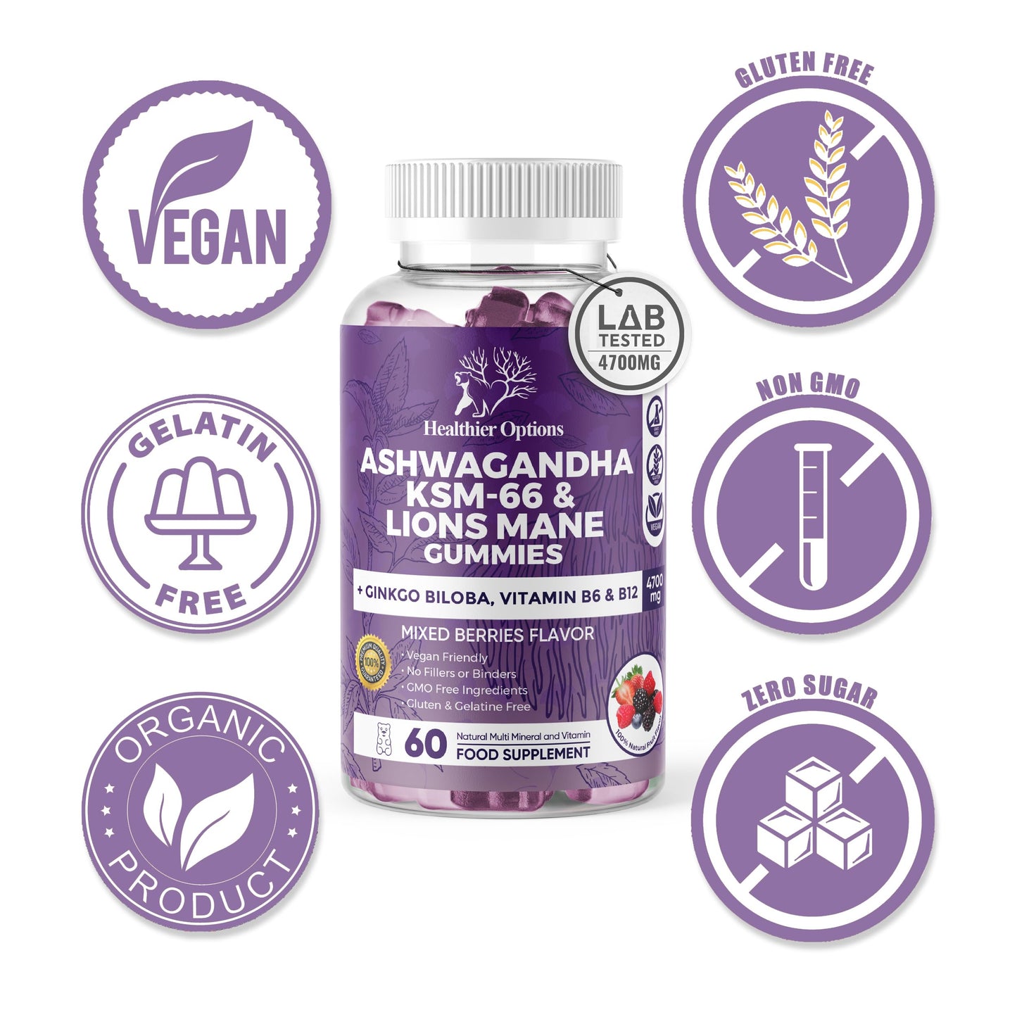 Healthier Options Ashwagandha KSM-66 and Lions Mane Gummies - High Strength 4700mg | All-in-One Gummies with Ginkgo Biloba, B6, B12 & Magnesium | Body, Mind & Cognitive Performance | Mixed Berries