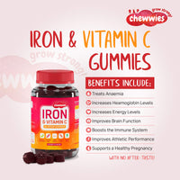 Iron & Vitamin C - Vegan Chewable Gummies - Sugar Free Ferrous Sulfate Iron | Helps Strengthen Your Immune System | 1-Month Supply by Chewwies Vitamins