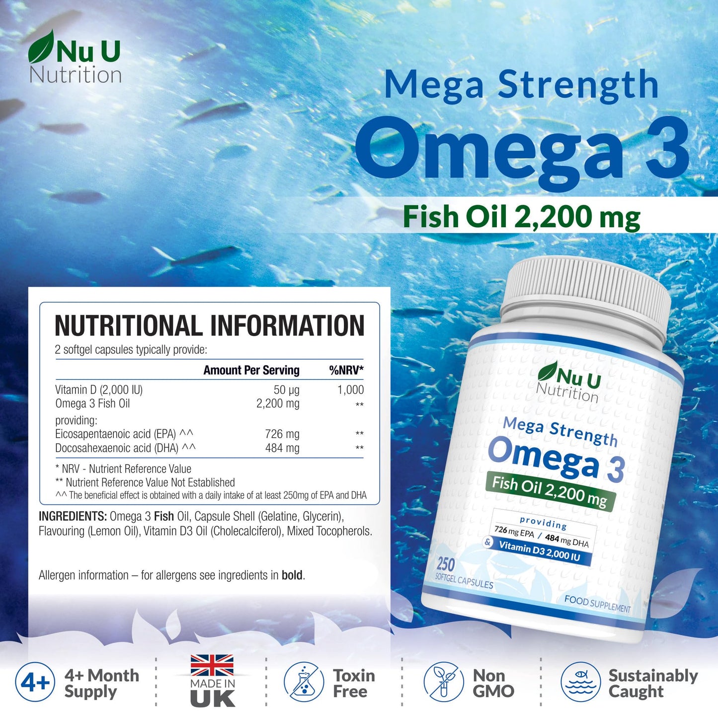 Omega 3 Fish Oil 2200mg & Vitamin D3 2000IU - 250 Capsules Over 4 Month Supply - 720mg EPA & 480mg DHA per Serving High Strength 1100mg Fish Oil per Capsule