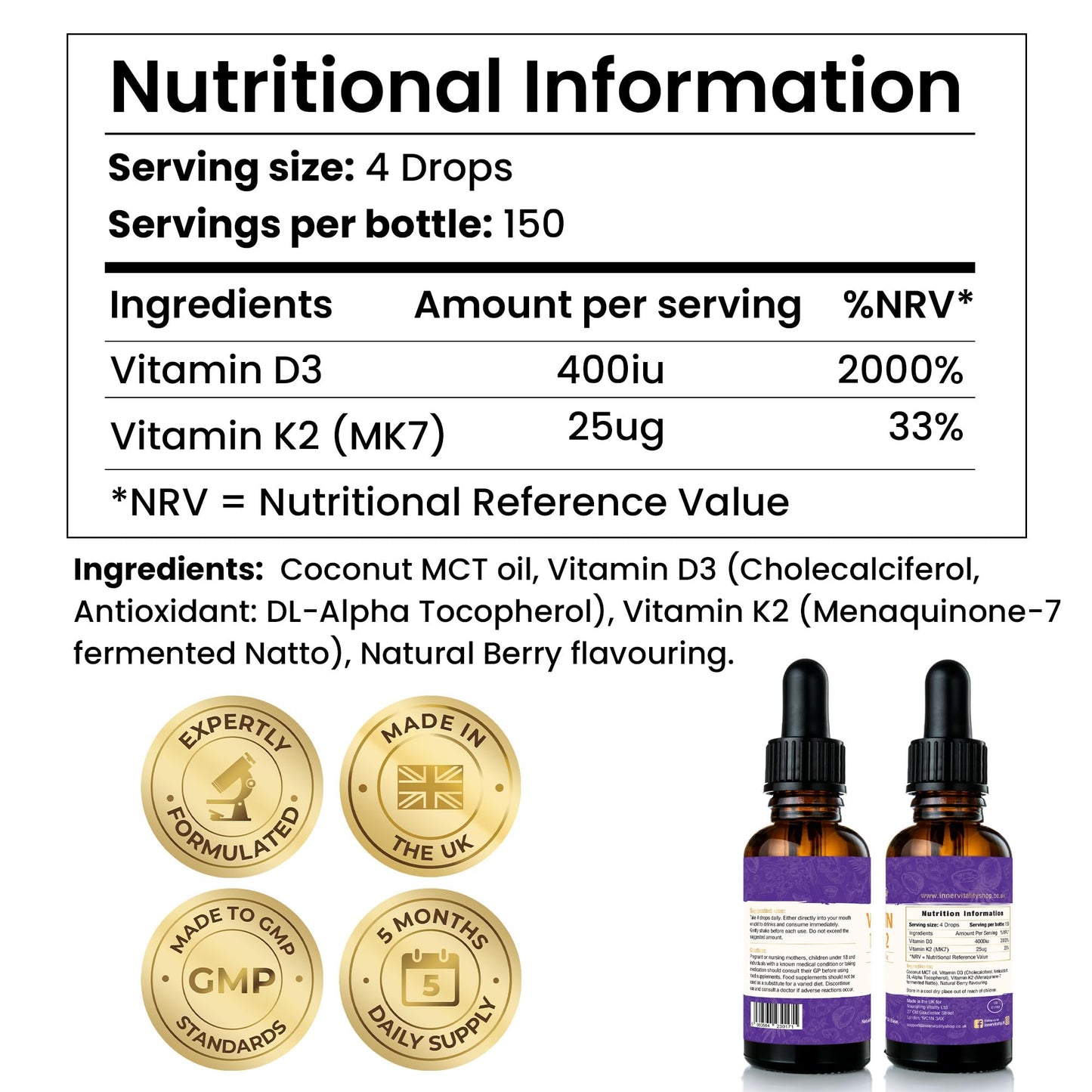 Vitamin D3 K2 Drops 4000iu + MCT Oil Liquid Absorption, Natural Berry Flavour 5 Month Supply - High Strengh Supplement by Inner Vitality
